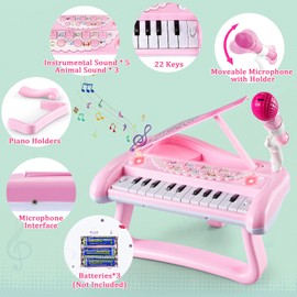 Pink Children's Piano for Girls 2-5 Years, 22 Keys Musical Instrument with Microphone, Portable Multifunctional, Educational Toy