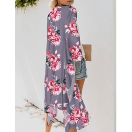 Women's Tropical Floral Boho Beach Long Swimsuit Kimono Cover Ups Summer Chiffon Cardigans Dusters Hawaiian Maternity Tops Sheer Thin Gray Small