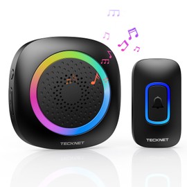 TECKNET Wireless Doorbell, IP66 Waterproof Plug in Doorbell with RGB Light, Portable Cordless Door Chime Kit with 1300feet Long Range, 60 Chimes & 5 Level Volume Door Bell for Home (Black)