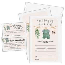 TIOFUNO Set of 25 Baby Shower Invitations, Sweet Boy Baby Gender Reveal Party Invites with Envelopes, Book Request Cards, Diaper Raffle Tickets for Party Decorations Supplies - A08