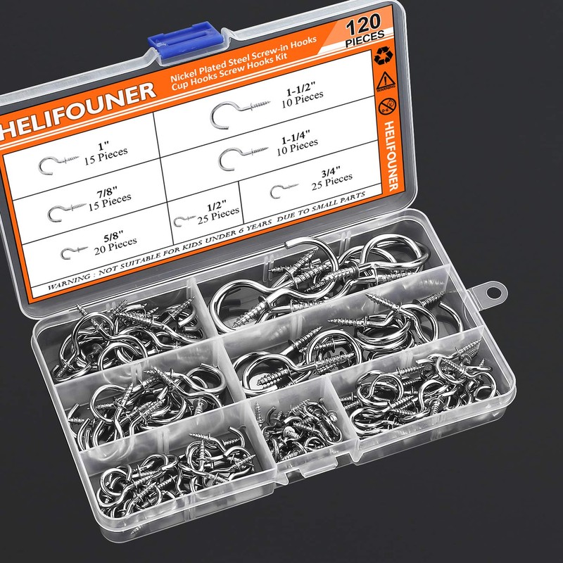 HELIFOUNER 120 Pieces 7 Sizes Cup Screw Hooks, Silver, Screw-in