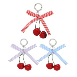 Liobelon Bow Cherry Keychain Set, 3 Pieces Cute Bag Charms Purse Charms for Women and Girls, Handbag & Car Keychain Pendant (Purple,Red,Blue)