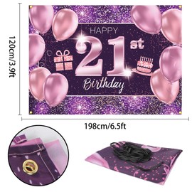 PAKBOOM Happy 21st Birthday Banner Backdrop - 21 Birthday Party Decorations Supplies for Women Her - Pink Purple Gold 4 x 6ft