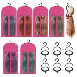 6 Pcs Wig Bags Storage with Wig Hanger Dust-Proof for Multiple Wigs Hanging Storage Bags Organizer Foldable Easy Carry Suitable for Home Travel Hair Salon Rose