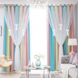 Yancorp Curtains for Girls Bedroom Kids Curtain Hollow-Out Star Window Nursery Curtain 84 inches Length Room Darkening Grommet 2 Layers (Baby Pink Blue, W52 X L84)