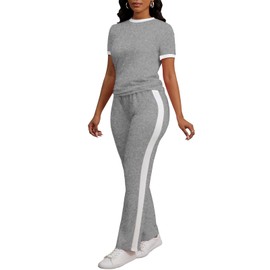 PINSV Women's 2 Piece Outfits Short Sleeve Tops Sweatpants Colorblock Lounge Sets Tracksuits Gray M