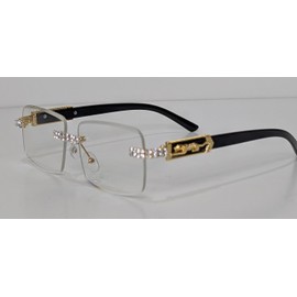 Frame & Optic Fashion Culture Women's Crystal Embellished Rimless Oval Blue Light Filter Glasses (Black/Gold)