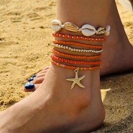 mintolex 7 Pack Boho Beaded Shell Anklet Bracelets for Women Colorful Stretch Cowrie Seashell Starfish Ankle Bracelet Stack Adjustable Summer Beach Accessories Cute Hawaiian Jewelry, Orange