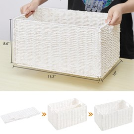 Vagusicc Wicker Storage Basket, Set of 2 Hand-Woven Paper Rope Wicker Basket, Small Storage Baskets for Organizing Toilet Paper Basket, Foldable Large Cube Storage Organizer Bins for Shelves (White)