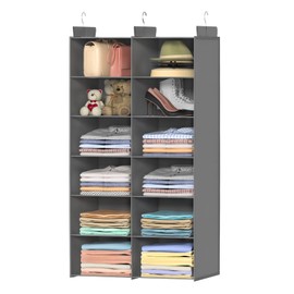 ALLTIDYUP Dual-Row Hanging Closet Organizer – Foldable Clothes Storage Shelves with 3 Hooks, Space-Saving Wardrobe Organizer for Dorm Rooms, Bedroom or Closet (Grey, 6 Tier)