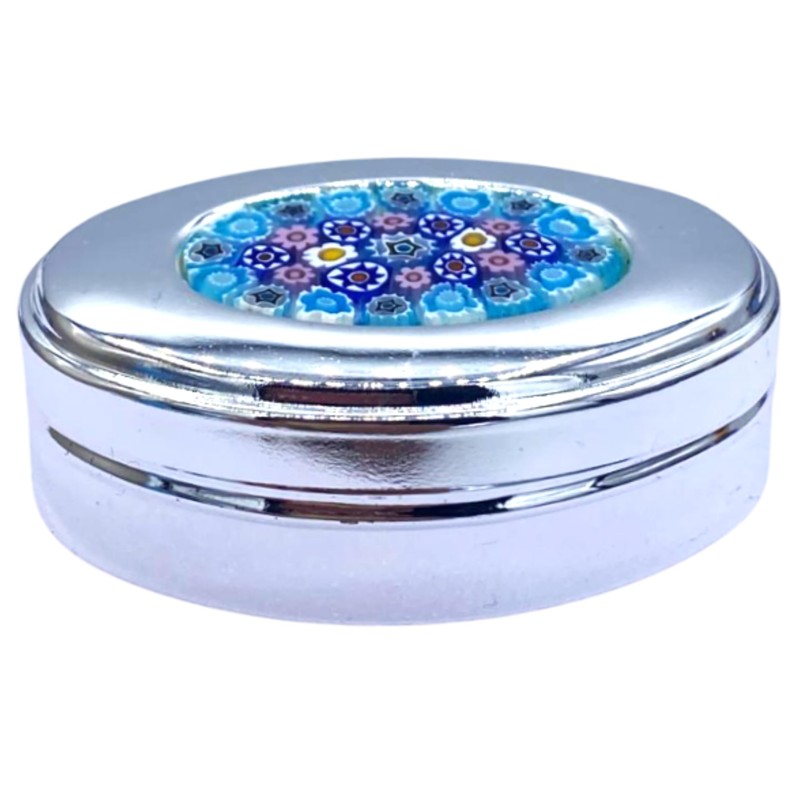 Dekorative Pillendose aus Metall mit Blumenmosaik, Murano-Design, Blau und Rosa,