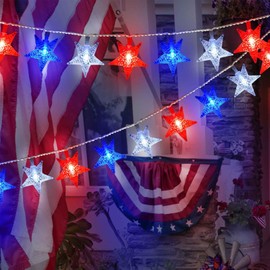 Red White and Blue Star Lights for Memorial Day Decorations, 20FT 30 LED Patriotic Lights for 4th of July Decorations Home, Battery Operated Star String Lights for July Fourth Party Christmas Decor