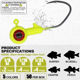 XFISHMAN Crappie-Jigs-Heads-Kit 1/8 1/16 1/32oz 50 Pack Ice Fishing Jigs Lead Head Jig Hook Lure (1/16 oz, Big Eye Jigheads)