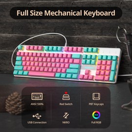 SbocKeeb RGB Pink Gaming Keyboard, 104-Key Wired Mechanical Keyboard with Number Pad, Linear Red Switch NKRO, Full Size for Windows Laptop PC Gamer