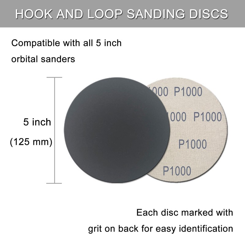50Pcs 5 Inch Hook and Loop Sanding Discs, 1000/1500/2000/3000/5000 Grit