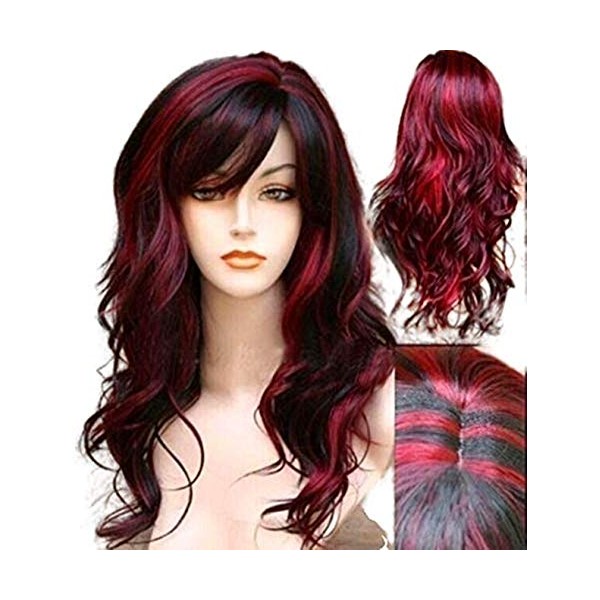 MeCamping Short Curly Wig with Bangs Synthetic Long Hair Wavy Red Mixed Black Wigs Party Cosplay Costume Halloween Wig Resistant Fiber Hair for Women Girls