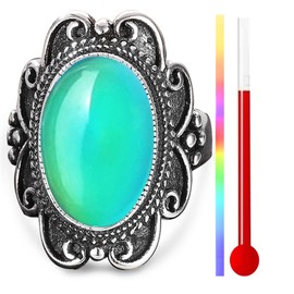 THJEW Oval Color Changing Crystal Stone Magical Mood Ring,Retro Vintage Antique S925 Sterling Silver Wide Full Finger Chunky Ring,Mystery Temperature-Control Changeable Gemstone Glass Mood Ring,Solitaire Boho Statement Witchy Ring Jewelry (Ring_A, 10)