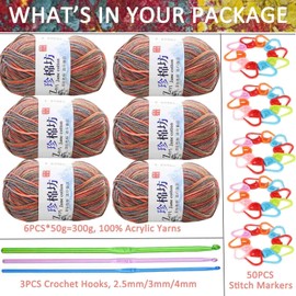 Crochet Yarn Knitting Wool (6X50g, 4-Ply), Multicoloured Acrylic Yarn Crochet Wool, Aluminum Crochet Hooks Stitch Markers, Ombre Yarn for DIY Craft Blankets Socks Dolls (Smoky Red)