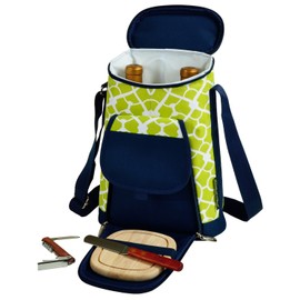 Picnic at Ascot Stylish 2 Bottle Insulated Wine Tote Bag with Cheese Board, Knife and Corkscrew - Trellis Green