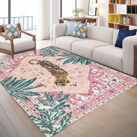 Aukib Pink Rug 5x7 Large Washable Animal Print Rug Non-Slip Tropical Jungle Indoor Carpet for Bedroom Nursery Dorm Kitchen Living Room Decor