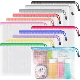 Umriox 12PCS Mesh Zipper Pouch Zipper File Bags with Grid Travel Pouch, A5 Size Zip Document Holder for School Office Supplies and Travel Accessories(12 Colors)