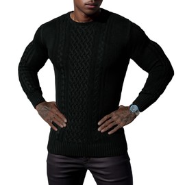 Hisir Men's Winter Thick Cable Knit Jumpers Casual Crew Neck Warm Long Sleeve Pullover Sweater Tops for Men (Black, L)