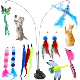 14PCS Juguetes para Gatos Interactivos, Juguetes Interactivos para Gatos con Varita Retráctiles,1 Taza Succión Extraíble Doble Cabeza, 2 Varas Teaser de Gato,para Satisfacer Necesidades de Juegos Gato