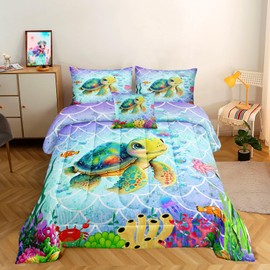 ROWADALO 6 Pieces Sea Turtle Bed in a Bag Queen Size Ocean Theme Comforter Set Ocean Theme Bedding Watercolor Fish Coral Sea Animal Bed Set for Girls Kids Bedroom Decoration,DJT-Sea Turtle-502-Queen