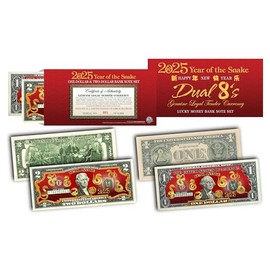 2025 New Year of The Snake Uncirculated Two and One Dollar Bill Special Edition Collectible Chinese CNY Set Dual 8’s Gold Matching Snakes in RED Lunar Envelope - Limited & Numbered