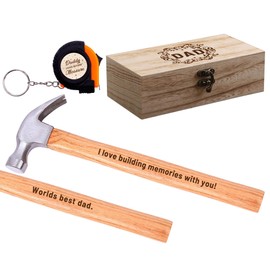 Fathers Day Hammer Set Gift,Engraved Wood Handle Hammer & Mini Tape Measure Keychain Set with Wooden Gift Box for Dad Husband,I Love You Building Memories With You.