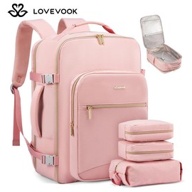 LOVEVOOK TikTokShopRestock  Colorblock Carry-On Travel Backpack with 3 Packing Cubes and Laptop Compartment - Personal Item, TSA-Friendly, Airline Approved Travel Bag for Hiking, Overnight, Weekend, Gift for Valentine's Day:_Pink_50L