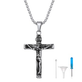 Stainless Steel INRI Crucifix Cremation Necklace for Ashes Cremation Ash Jewelry Christian Jesus Cross Urn Necklaces for Ashes of Loved Ones