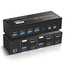8K@60Hz DisplayPort & HDMI KVM Switch with 4 USB 3.0 Ports, 2 Monitors 2 Computers, Extended/Duplicate Modes, Includes 2 USB 3.0 Cable, Desktop Controller