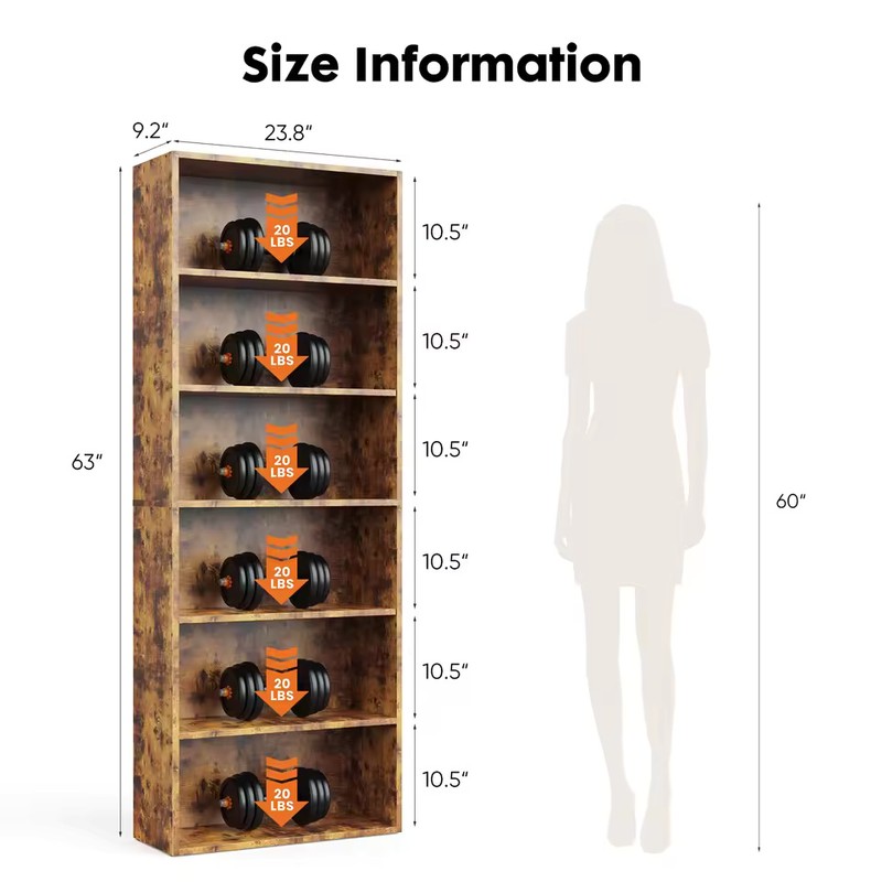 6-Tier Wood Bookcase, 63-Inch Tall Bookshelf with Anti-Tip Device, Floor