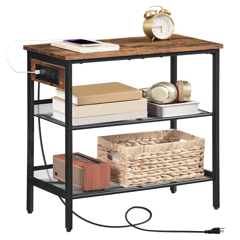 HOOBRO End Table, 3-Tier Narrow Side Table with Charging Station,