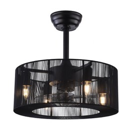 WUPYI Industrial Cage Semi Flush Mount Light with Fan,18 Inch Ceiling Fan Light with Remote Control,Black Nylon Wire Shade Design,Acrylic Blades,Enclosed Fan,Quiet Motor,Indoor Fandelier