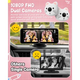 Baby Car Camera for 2 Kids – 6.9” IPS Split-Screen Monitor with Dual 1080P HD Rear-Facing Car Seat Cameras, Cute Replaceable Cat Covers, Night Vision, Type-C Power, Easy Install for Twins or Siblings