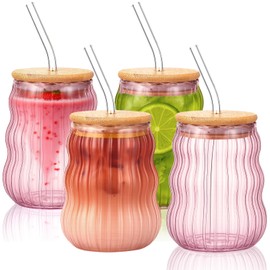 Maxdot 4 Pcs 18oz Ribbed Glasses with Bamboo Lids and Straws Pink Ribbed Glass Cups Stackable Cups Vintage Water Tumbler for Drinking Juice Beer Coffee Tea Cocktail