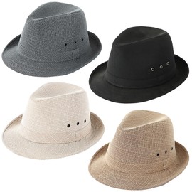 Gionforsy 4 Pack Mens Fedora Hat Classic 1920s Hat Short Brim Fedora Hats Summer Beach Panama Hat for Men Women (Style 8 with Linen Material, Dark Color)