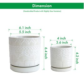 D'vine Dev Set of 2 Modern Matte White Floral Embossed Ceramic Planter Pot with Saucer and Drainage Hole, 4 Inch & 6 Inch, 99-C-1-M