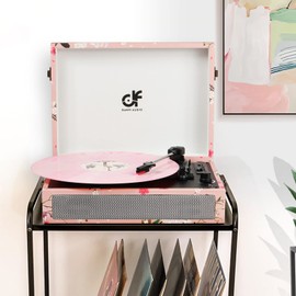 Vinyl Record Player Bluetooth with Built-in Speakers, Vintage Portable Suitcase Turntable 3-Speed with USB Recording Headphone/RCA/AUX Jack for Muisc Record Player Pink Floral