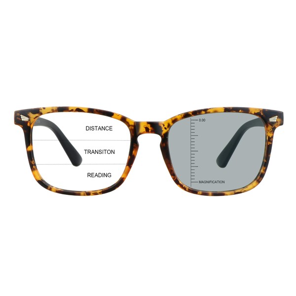 LAMBBAA Vintage Square Progressive Multifocal Presbyopic Glasses, Photochromic Gray Sunglasses for Men Women Readers (+0.00/+2.00 Magnification)