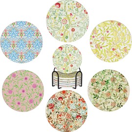 William Morris Art Absorbent Coasters with Holder Set of 6, Coffee Table Decor, Coasters for Coffee Table, Coaster Set, Marble Coasters, Drink Coasters, Stone Coasters for Drinks Absorbent