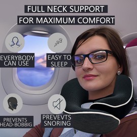 GKBYN Pixxis Neck Travel Pillow | Memory Foam Neck Pillow for Comfort on Airplane | Compact and Ergonomic Design for Travel, Car Rides, and Home Use | Ideal for Adults& Kids（Black）