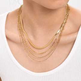 Women's Gold Stainless Steel Necklace, 14K Gold Plated Chains, Stacked Necklace, Women's Pearl Chain, Snake Chain, Figaro, Stackable Necklace, Women's Fashion Jewellery for Women and Girls, Pack of 4,