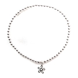 Sterling Silver 925 Beaded Stretch Open Flower Charm Bracelet