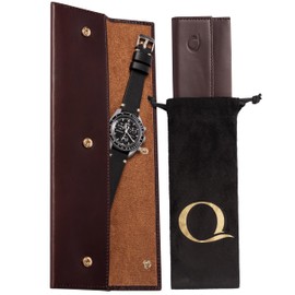 QWATCHBANDS Watch Sleeve Pouch - Full Grain Napa Leather Travel Watch Case with Velvet Interior - Watch Storage Holds Luxury Watches Flat - Watch Gifts and Accessories (Brown/Tan)