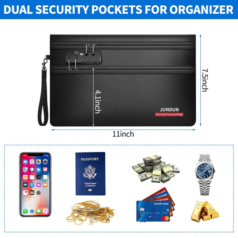 JUNDUN 6400℉ Fireproof Money Bag for Cash with Lock(11" x