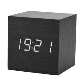Walfront Digital Alarm Clock Wooden Alarm Clock LED Clock Light Multifunctional Modern Cube Displays Time Temperature for Home Office Travel(Black)
