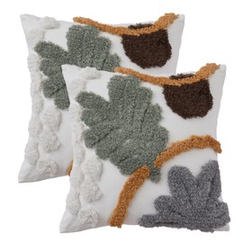 Simple&Opulence 18x18 Inch Cotton Canvas Throw Pillow Cover, 2 Pack Tufted Boho Jacquard Decorative Cushion Cover, Leaf Plant Aesthetic Farmhouse Textured Pillowcases for Couch Sofa Bed Home Decor